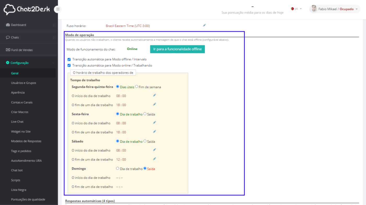 Geral - Horários e atribuições 2 Configuração geral
